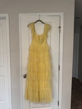 Yellow Tiered Tulle Maxi Dress - Women's Sleeveless Ruffle Gown